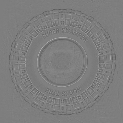 フォトメトリックステレオ法によるタイヤの文字検査の画像処理後。中心の凹みの影の影響を無くした画像取得が可能。また、凹凸を強調させ文字をくっきりと見えるようにすることが可能。