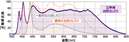 380～800nm付近まで広帯域な波長を含んだ光 グラフ