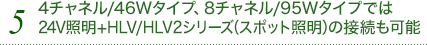 4チャネル/46Wタイプ、8チャネル/95Wタイプでは24V照明+HLV/HLV2シリーズ（スポット照明）の接続も可能