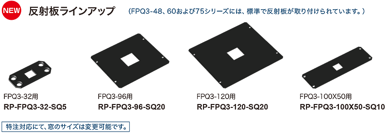 FPQ3-32（RP-FPQ3-32-SQ5），FPQ3-96（RP-FPQ3-96-SQ20），FPQ3-120（RP-FPQ3-120-SQ20），FPQ3-100X50的反射器阵容（RP-FPQ3-100X50-SQ10）