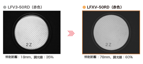 ● LFV3-50RD（赤色）LWD：18mm、調光値：35%  ● LFXV-50RD（赤色）LWD：78mm、調光値：60%