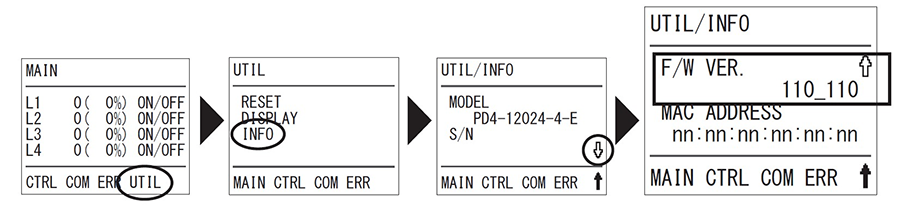 PD4のLCD上で「UTIL/INFO」の「F/W VER.」をご確認ください。