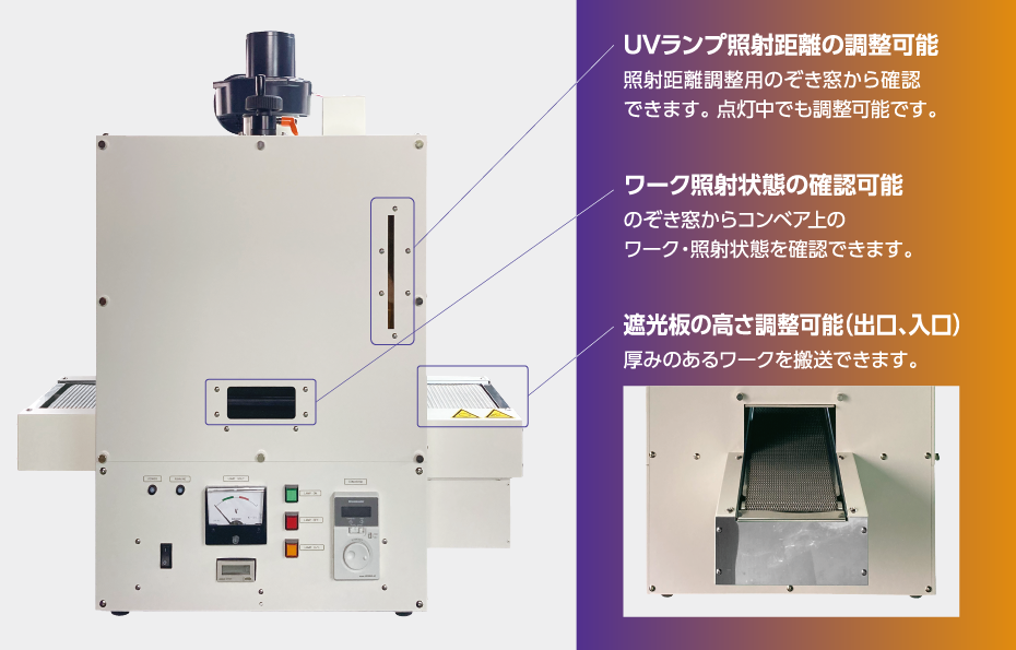 イメージ：UVランプ照射距離の調整可能 照射距離調整用のぞき窓から確認できます。点灯中でも調整可能です。ワーク照射状態の確認可能 のぞき窓からコンベア上のワーク・照射状態を確認できます。遮光板の高さ調整可能（出口、入口） 厚みのあるワークを搬送できます。